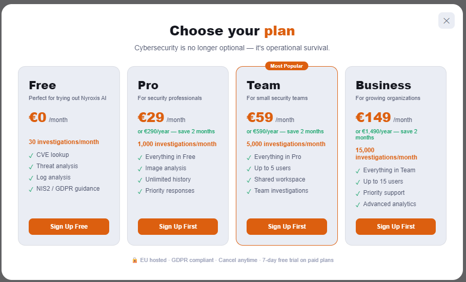 Plan selection screen